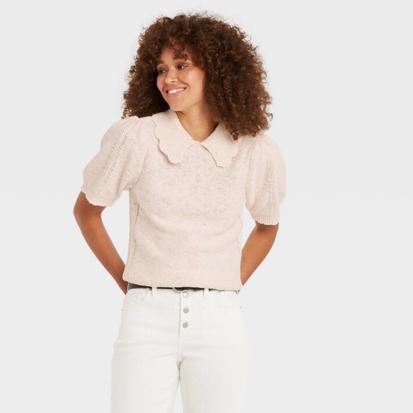 Universal Thread Sweaters - SOLD l L Retro Collared Cream Short Sleeve Crewneck T-Shirt Sweater
